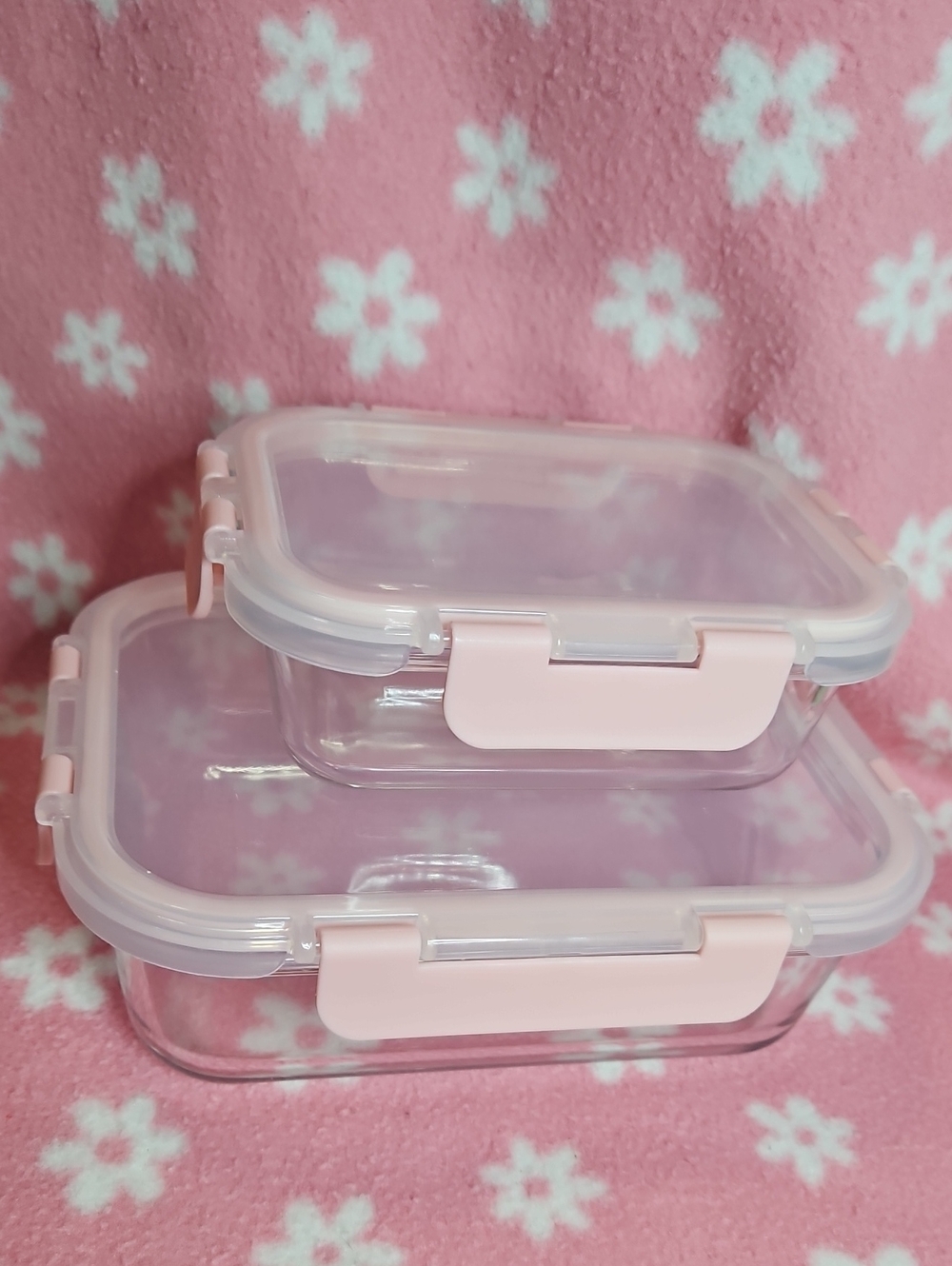 2 Large & 3 Small Clear Glass Food Storage Containers with Pink Lids - Set of 5